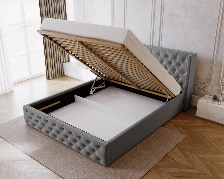Celestia Designer Samt Polsterbett mit Integriertem Stauraum für Luxuriösen Schlaf