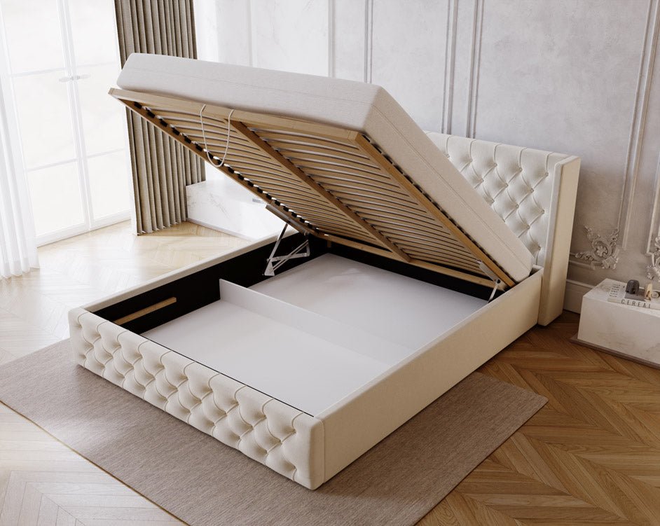 Celestia Designer Samt Polsterbett mit Integriertem Stauraum für Luxuriösen Schlaf