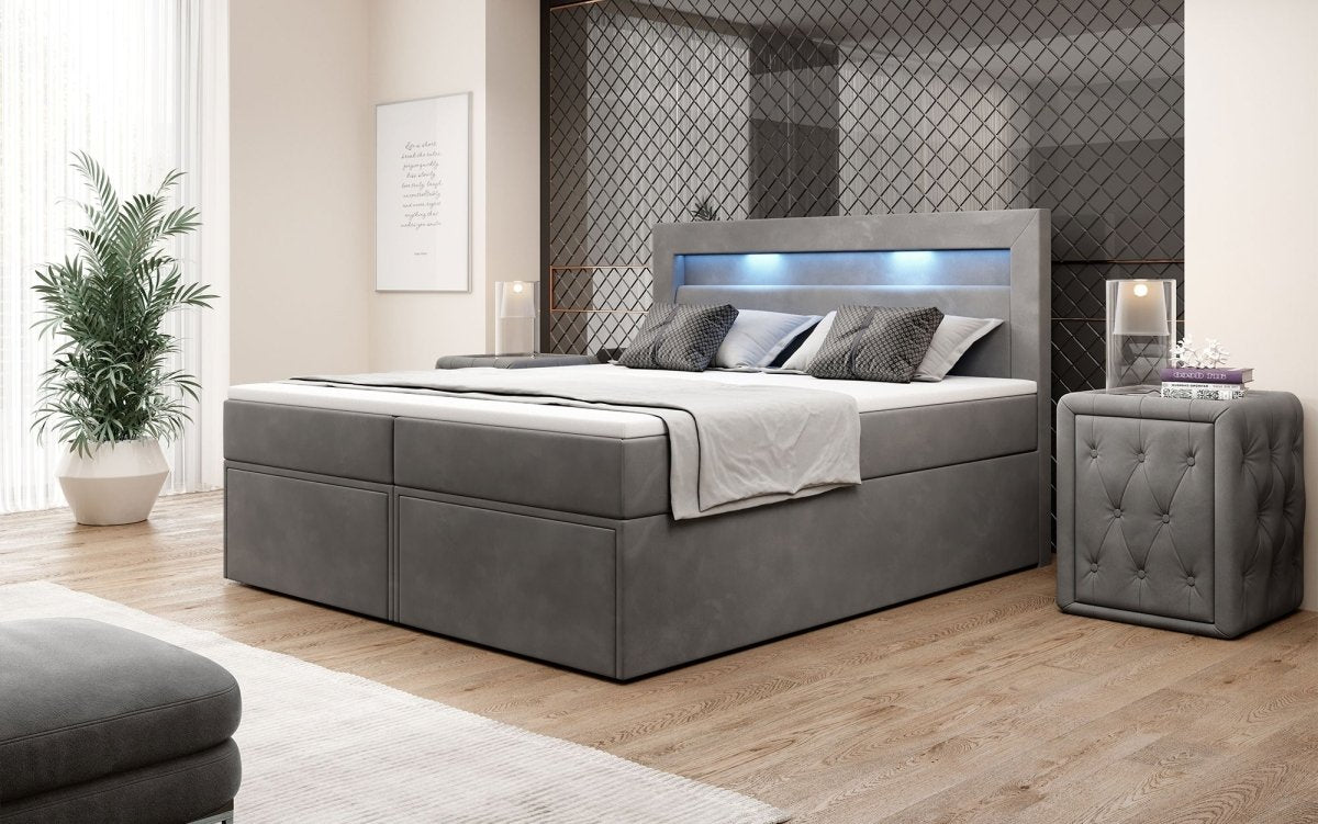 Amelie Boxspringbett mit LED-Beleuchtung und Stauraum – Luxuriöser Schlafkomfort