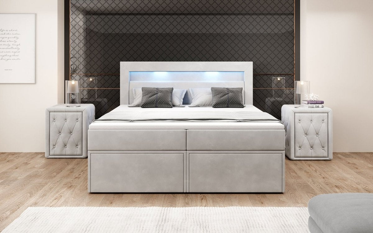 Amelie Boxspringbett mit LED-Beleuchtung und Stauraum – Luxuriöser Schlafkomfort
