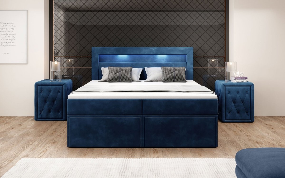 Amelie Boxspringbett mit LED-Beleuchtung und Stauraum – Luxuriöser Schlafkomfort