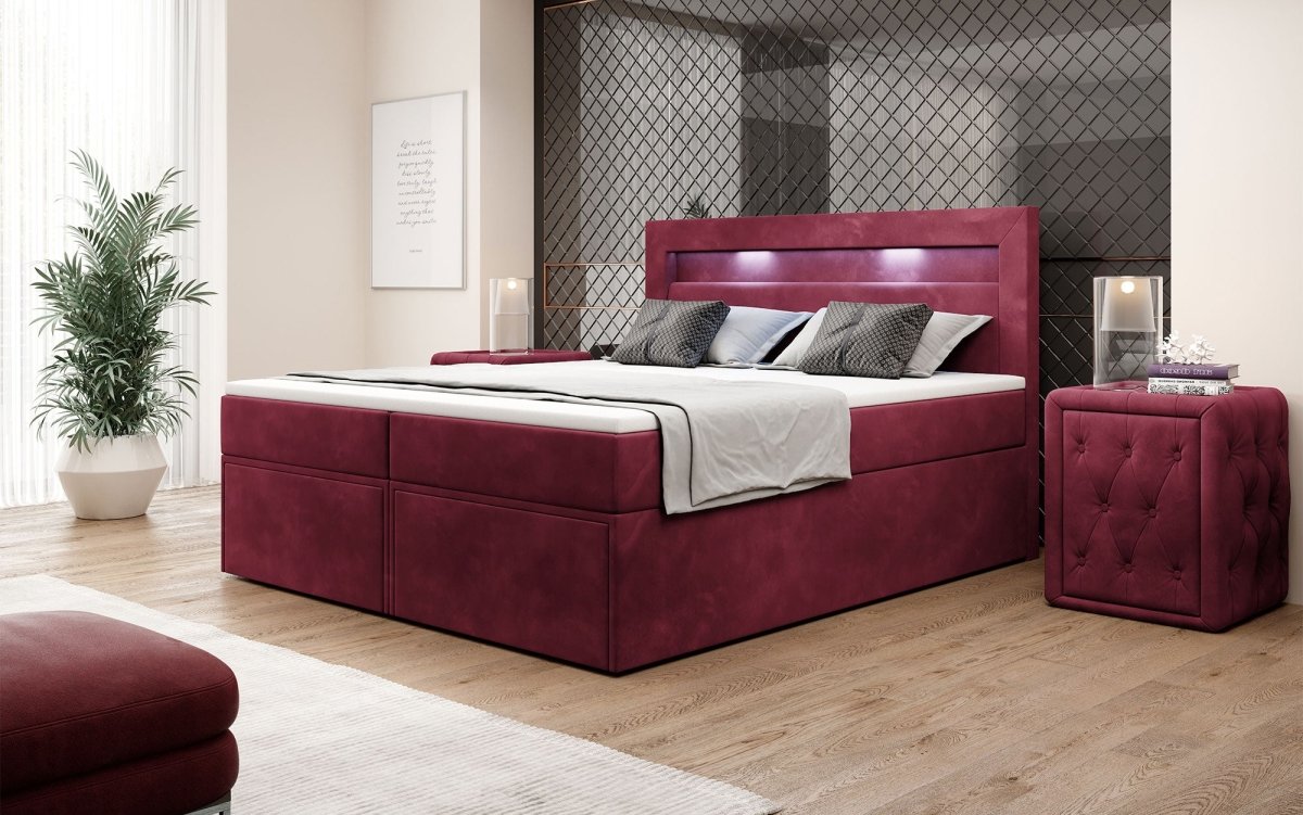 Amelie Boxspringbett mit LED-Beleuchtung und Stauraum – Luxuriöser Schlafkomfort