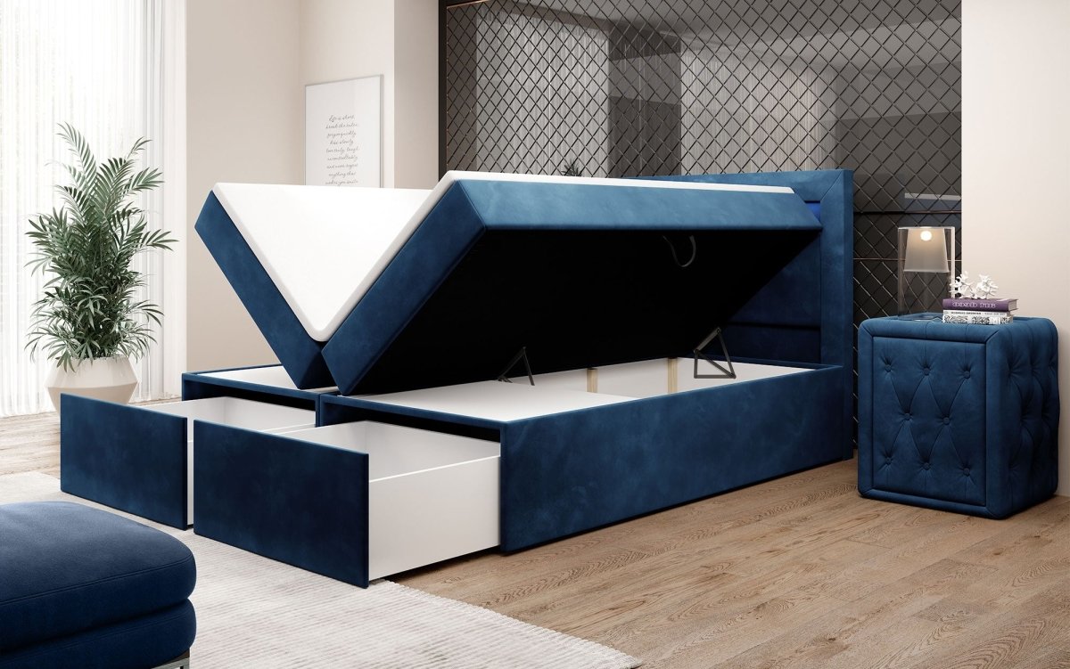 Amelie Boxspringbett mit LED-Beleuchtung und Stauraum – Luxuriöser Schlafkomfort