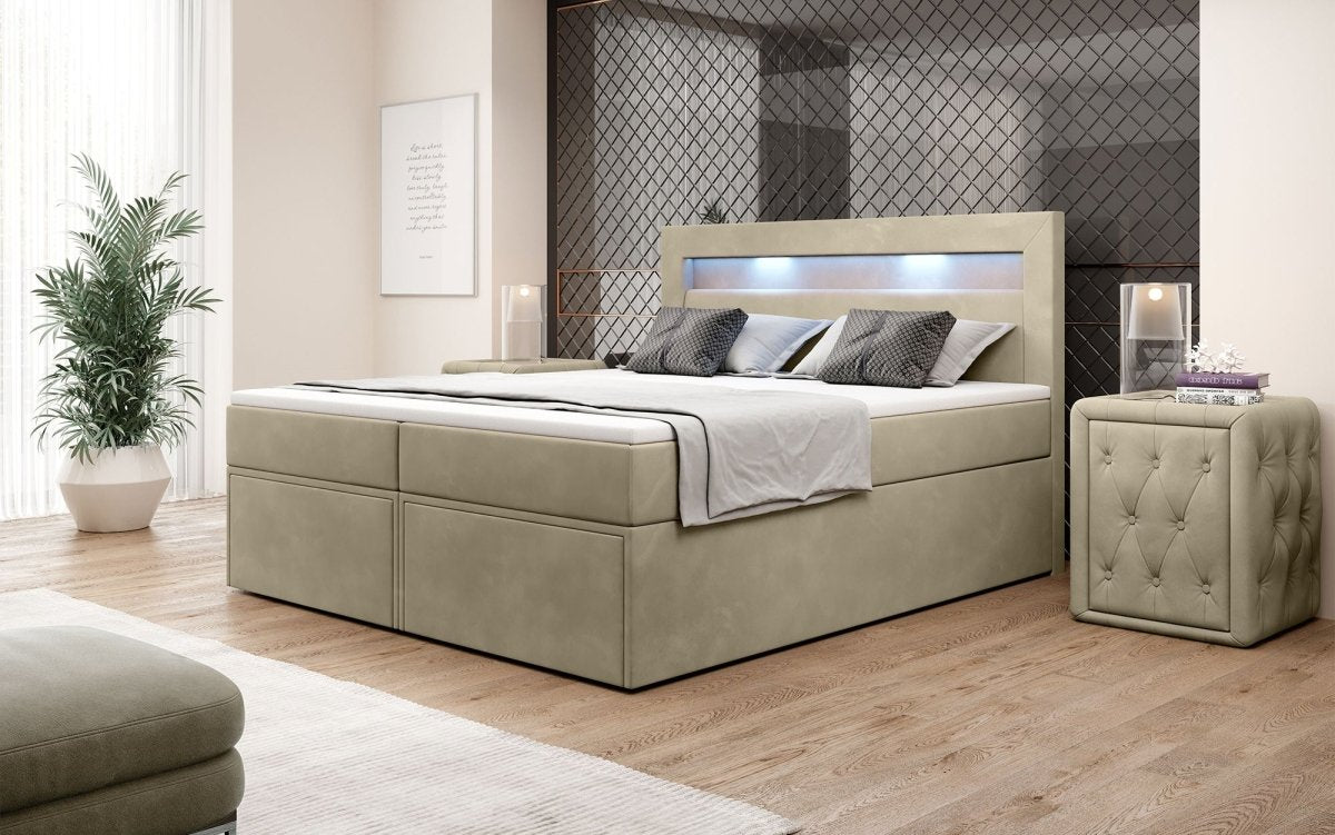 Amelie Boxspringbett mit LED-Beleuchtung und Stauraum – Luxuriöser Schlafkomfort