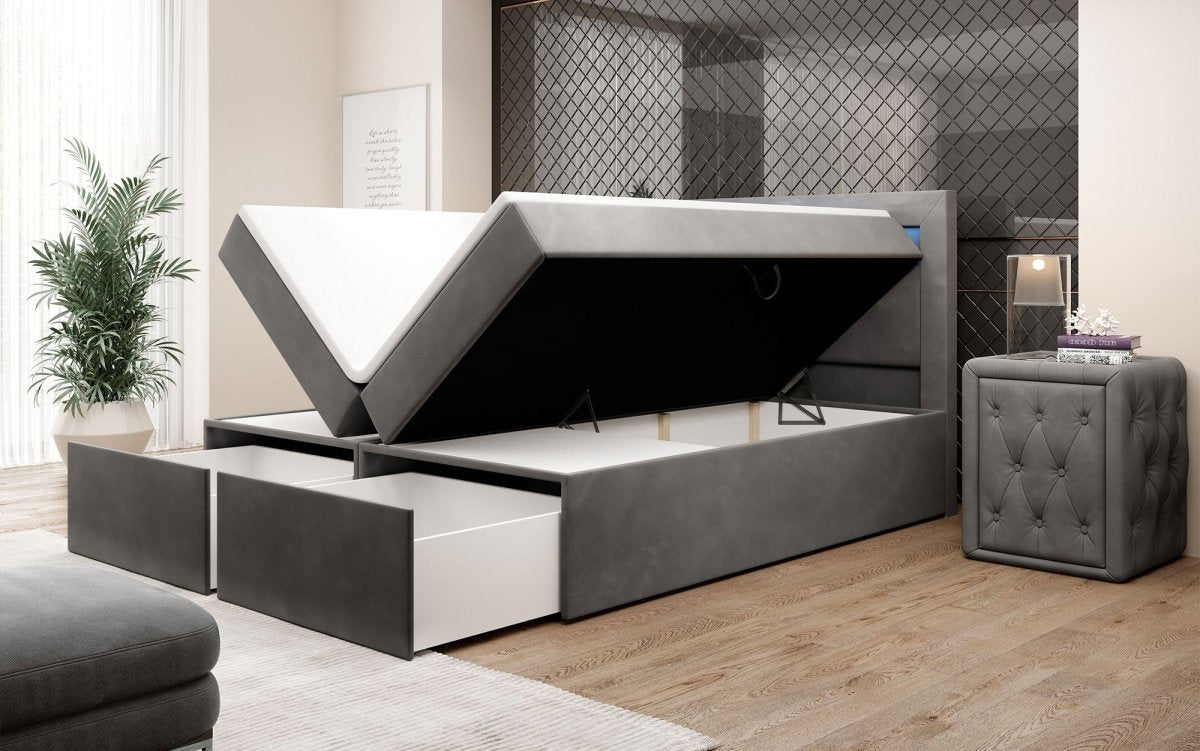 Amelie Boxspringbett mit LED-Beleuchtung und Stauraum – Luxuriöser Schlafkomfort