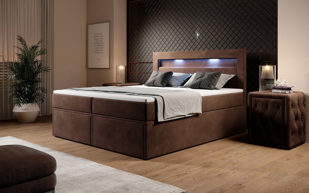 Amelie Boxspringbett mit LED-Beleuchtung und Stauraum – Luxuriöser Schlafkomfort