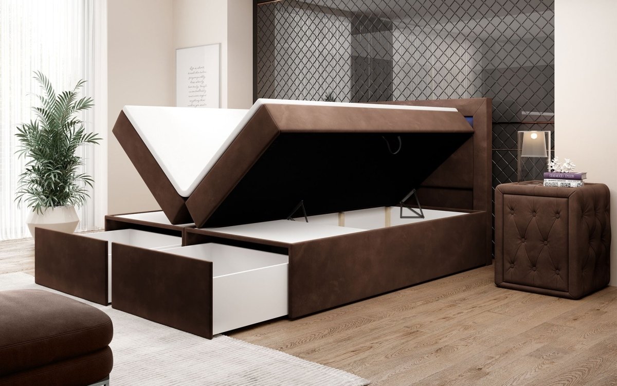 Amelie Boxspringbett mit LED-Beleuchtung und Stauraum – Luxuriöser Schlafkomfort