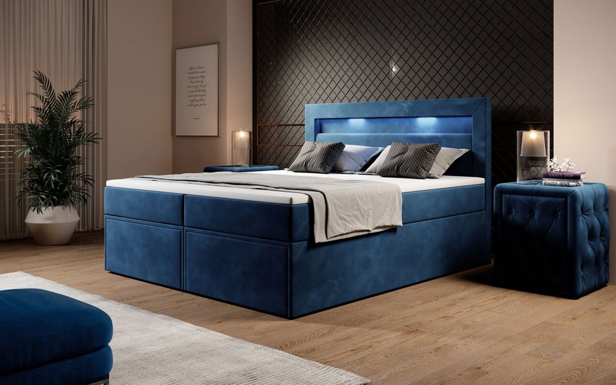 Amelie Boxspringbett mit LED-Beleuchtung und Stauraum – Luxuriöser Schlafkomfort