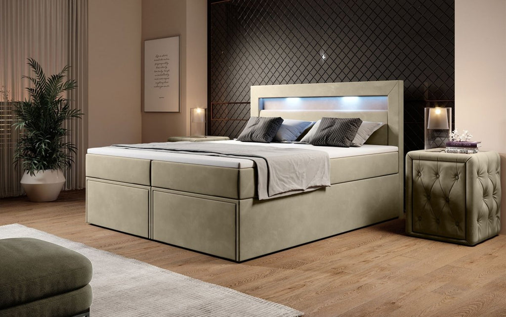 Amelie Boxspringbett mit LED-Beleuchtung und Stauraum – Luxuriöser Schlafkomfort
