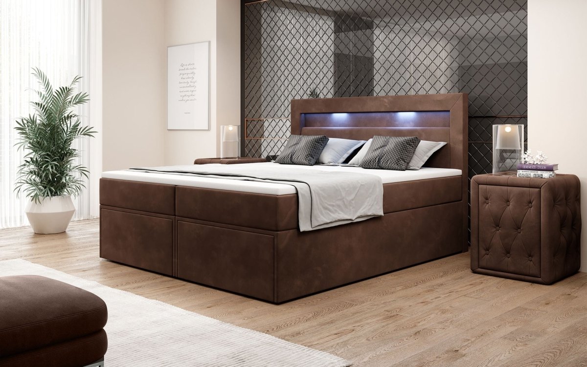 Amelie Boxspringbett mit LED-Beleuchtung und Stauraum – Luxuriöser Schlafkomfort