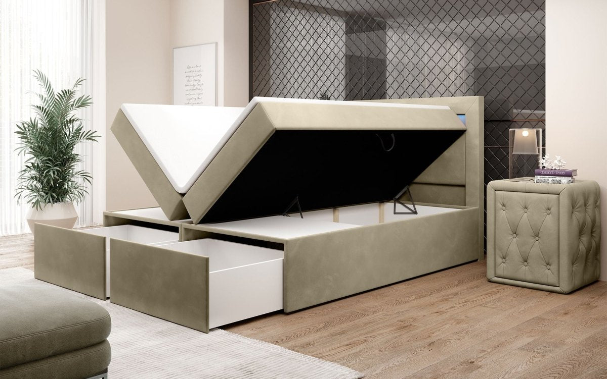 Amelie Boxspringbett mit LED-Beleuchtung und Stauraum – Luxuriöser Schlafkomfort