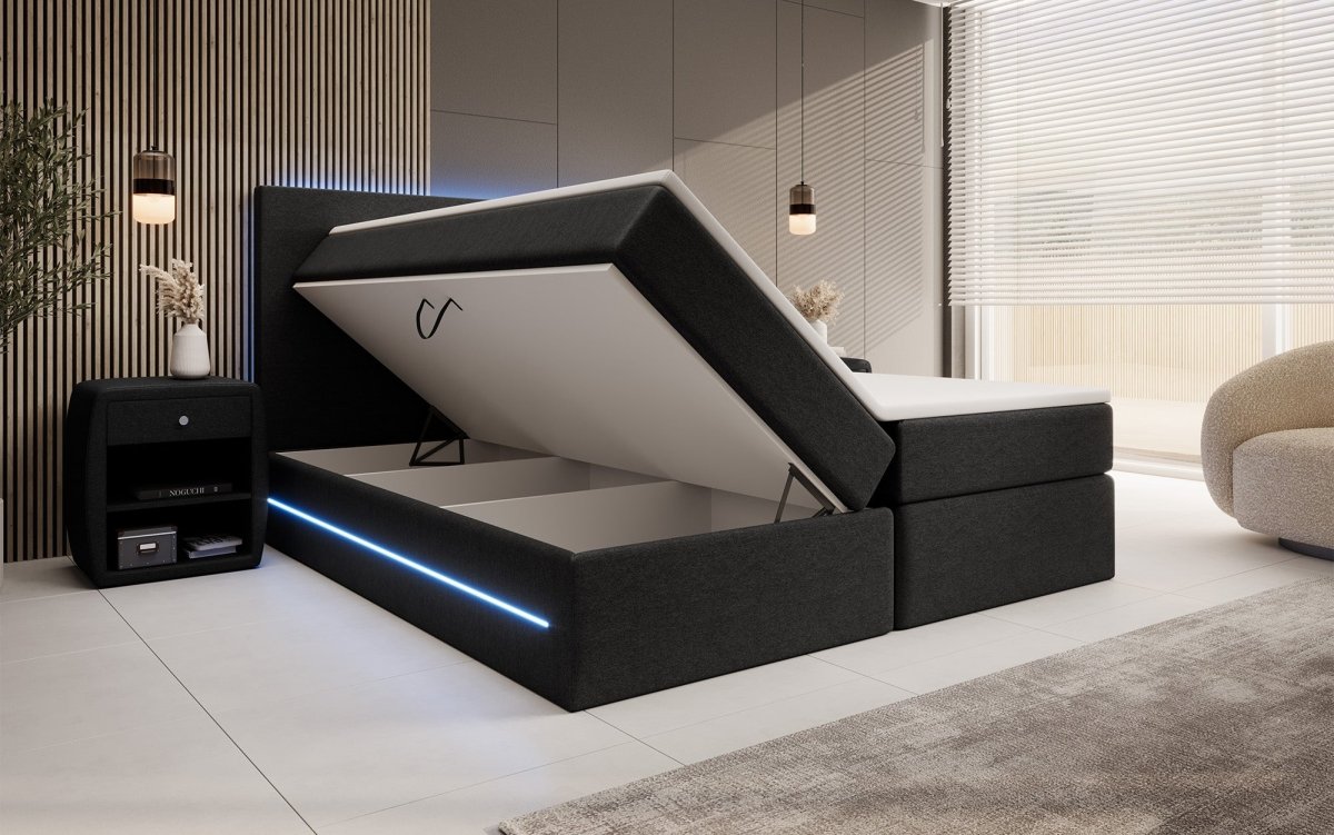 Arito Luxus Boxspringbett mit LED-Beleuchtung und Praktischem Stauraum – Komfortabel Erholung