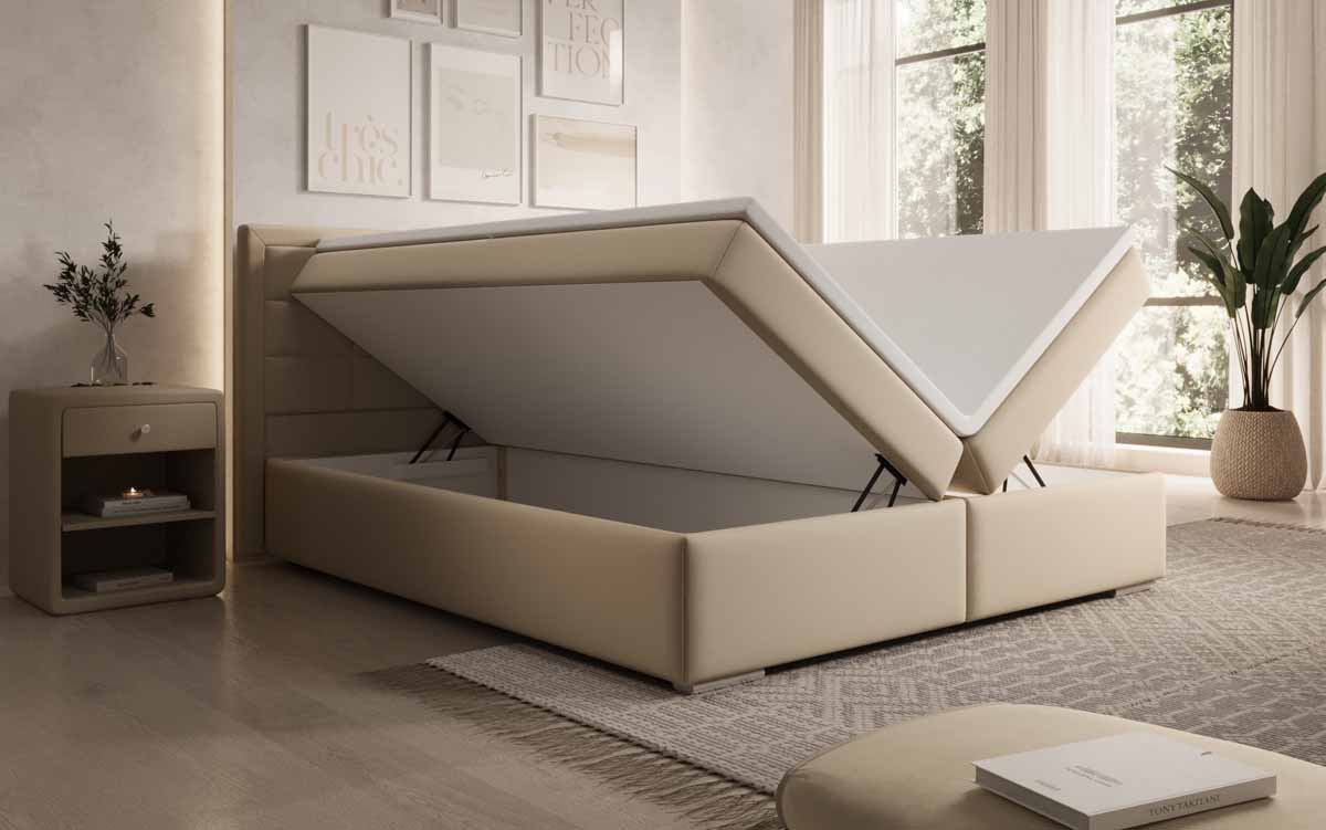 Luxuriöses Athina Boxspringbett mit Kunstlederbezug, Integriertem Stauraum und Premium-Komfort