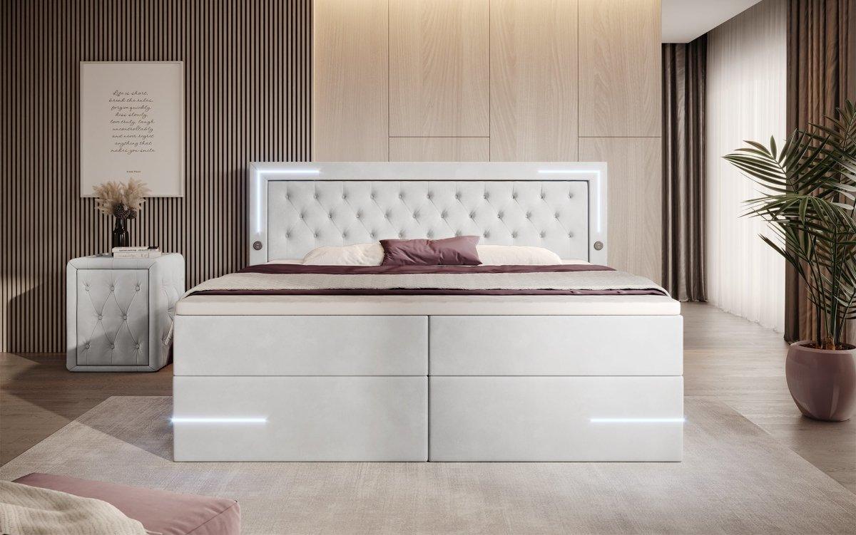 Carlotta Boxspringbett: Luxuriöses Samtbett mit LED, Stauraum und USB-Anschluss