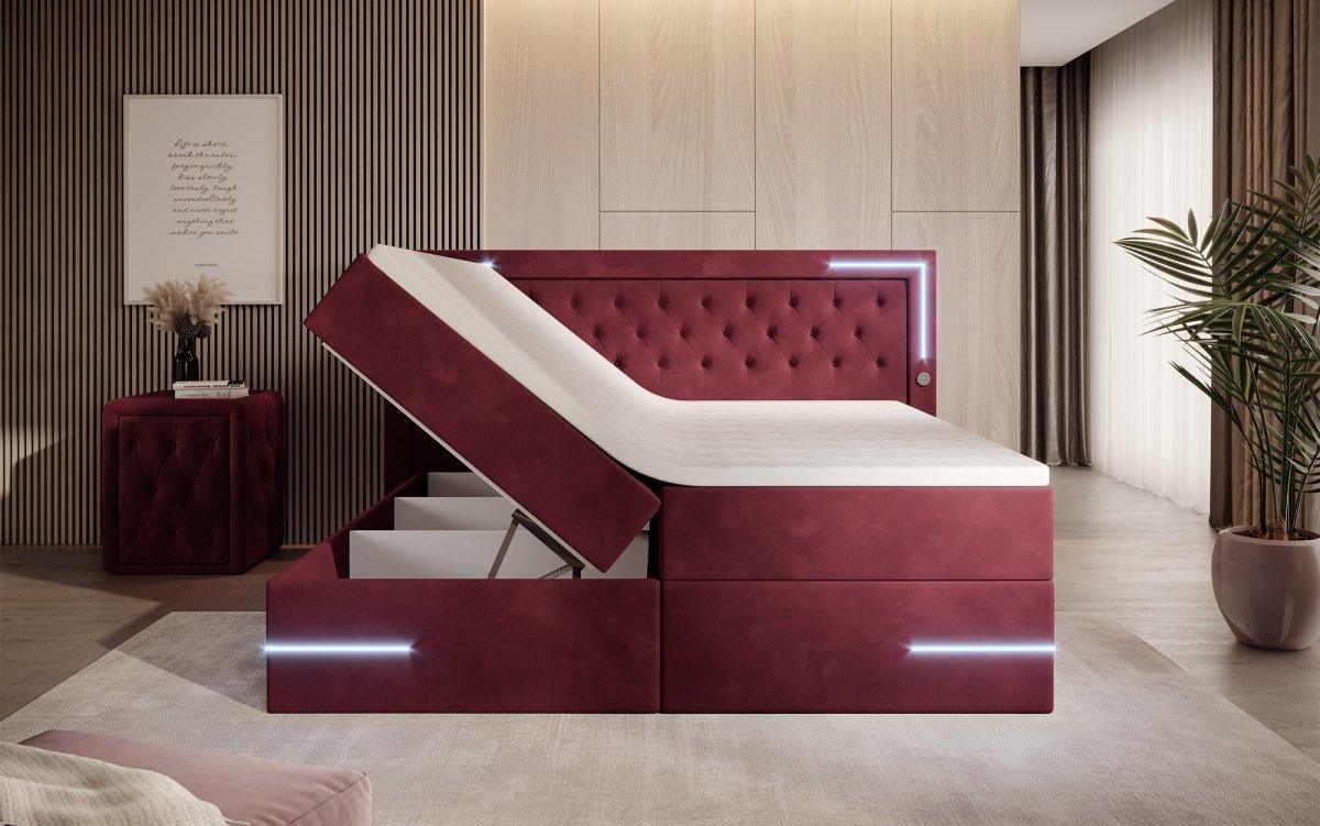 Carlotta Boxspringbett: Luxuriöses Samtbett mit LED, Stauraum und USB-Anschluss
