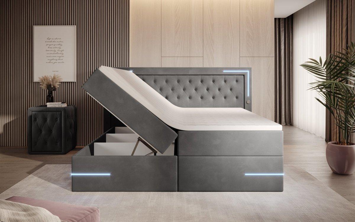 Carlotta Boxspringbett: Luxuriöses Samtbett mit LED, Stauraum und USB-Anschluss