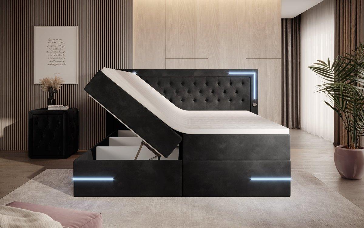 Carlotta Boxspringbett: Luxuriöses Samtbett mit LED, Stauraum und USB-Anschluss