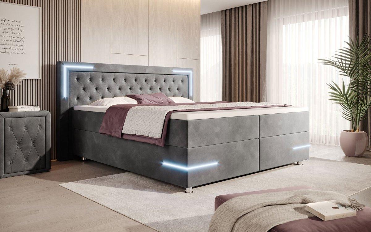 Carlotta Boxspringbett: Luxuriöses Samtbett mit LED, Stauraum und USB-Anschluss