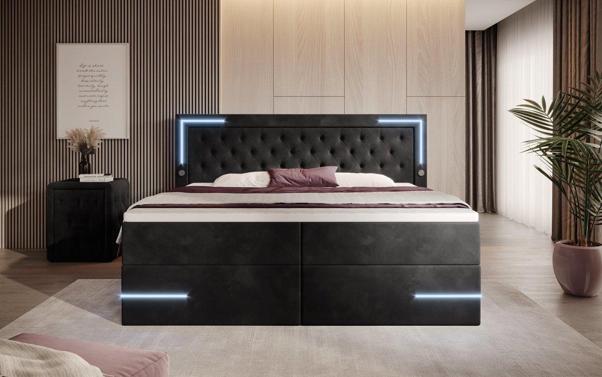 Carlotta Boxspringbett: Luxuriöses Samtbett mit LED, Stauraum und USB-Anschluss