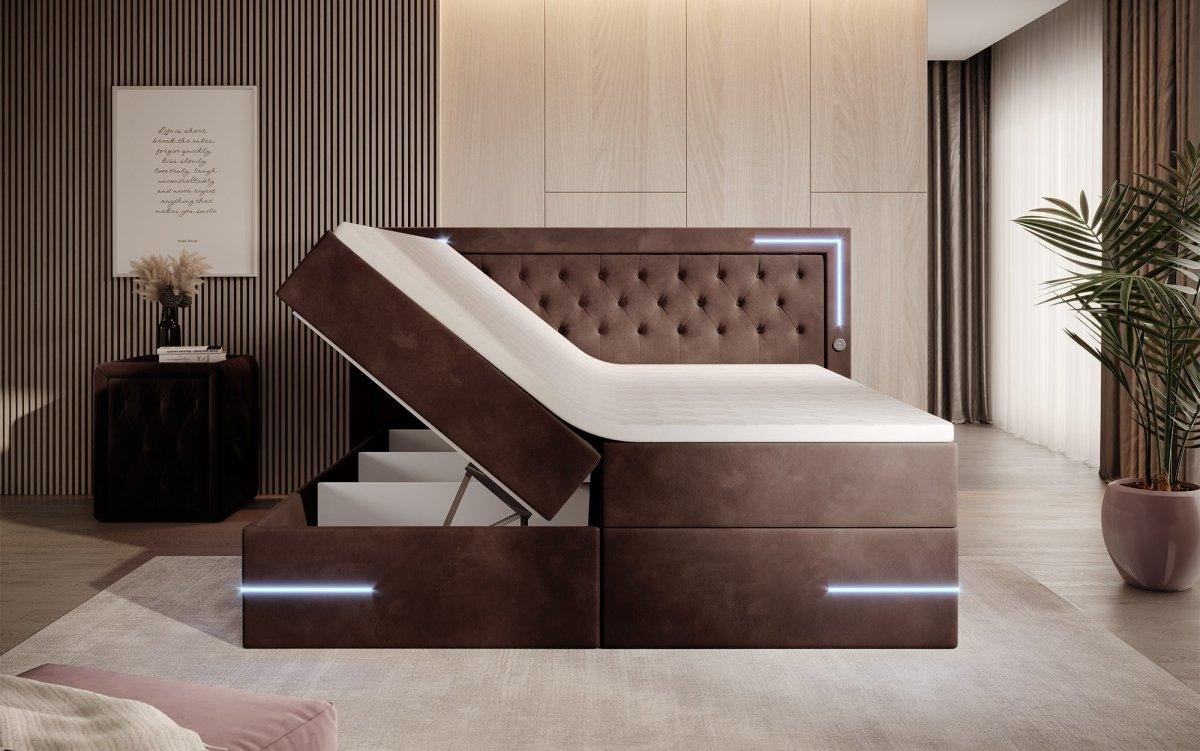 Carlotta Boxspringbett: Luxuriöses Samtbett mit LED, Stauraum und USB-Anschluss