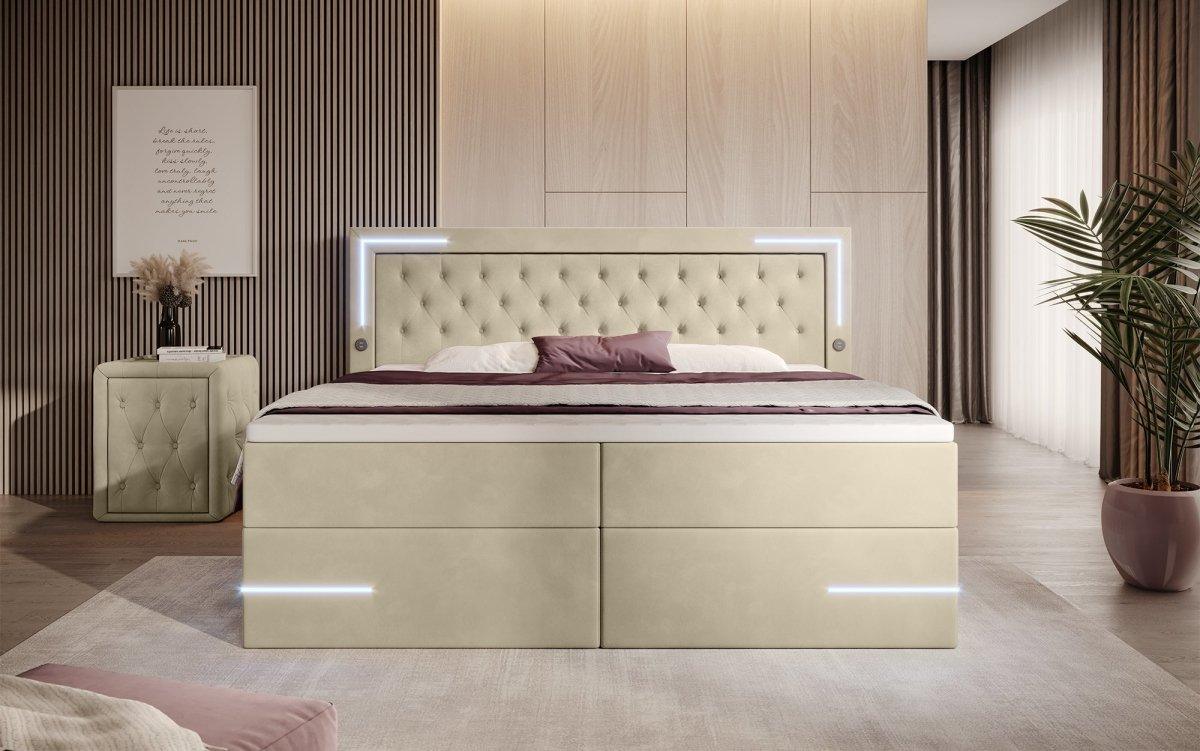 Carlotta Boxspringbett: Luxuriöses Samtbett mit LED, Stauraum und USB-Anschluss