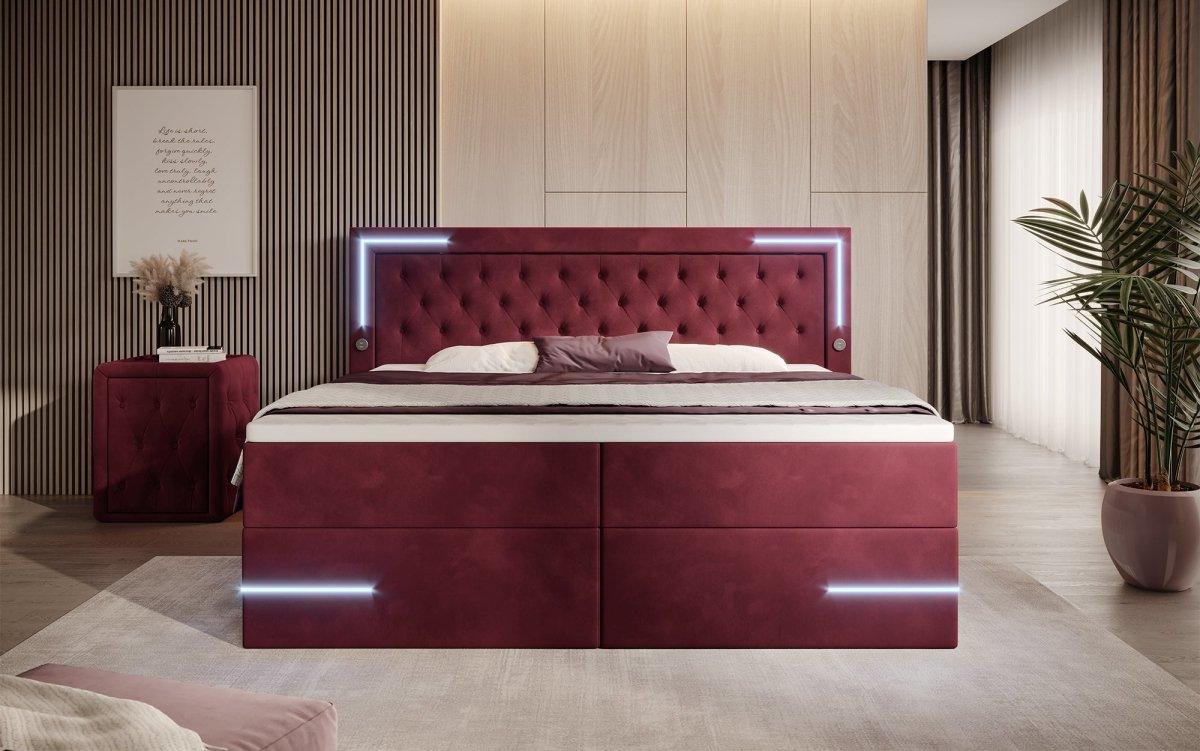 Carlotta Boxspringbett: Luxuriöses Samtbett mit LED, Stauraum und USB-Anschluss