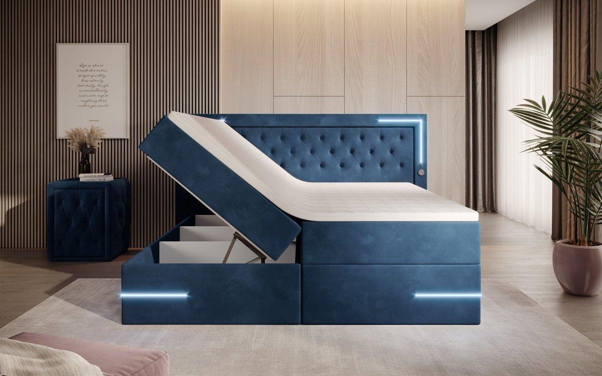 Carlotta Boxspringbett: Luxuriöses Samtbett mit LED, Stauraum und USB-Anschluss