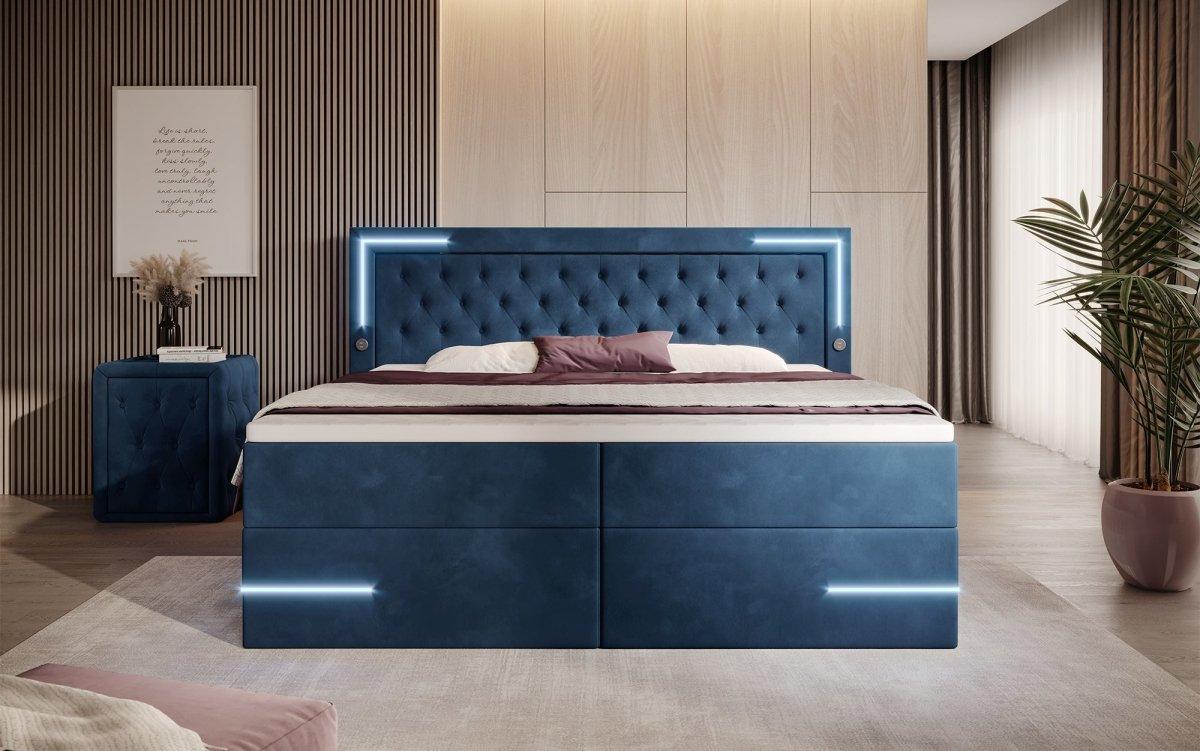 Carlotta Boxspringbett: Luxuriöses Samtbett mit LED, Stauraum und USB-Anschluss