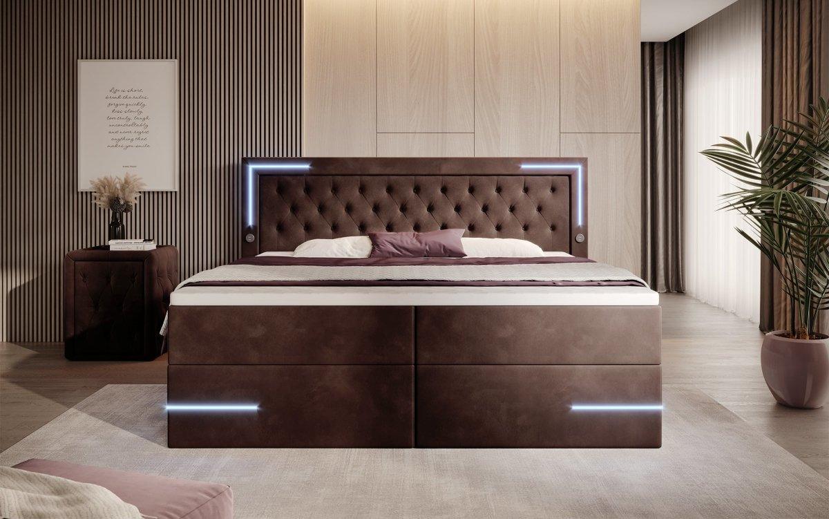 Carlotta Boxspringbett: Luxuriöses Samtbett mit LED, Stauraum und USB-Anschluss
