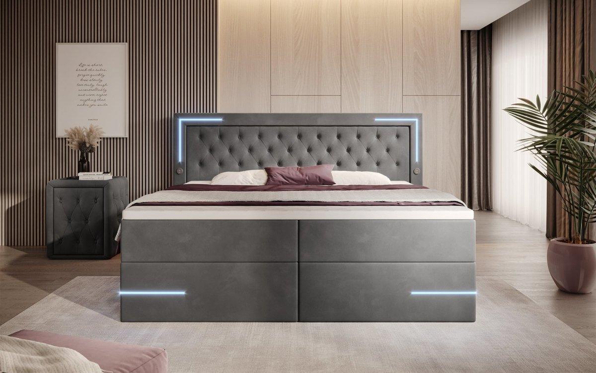 Carlotta Boxspringbett: Luxuriöses Samtbett mit LED, Stauraum und USB-Anschluss