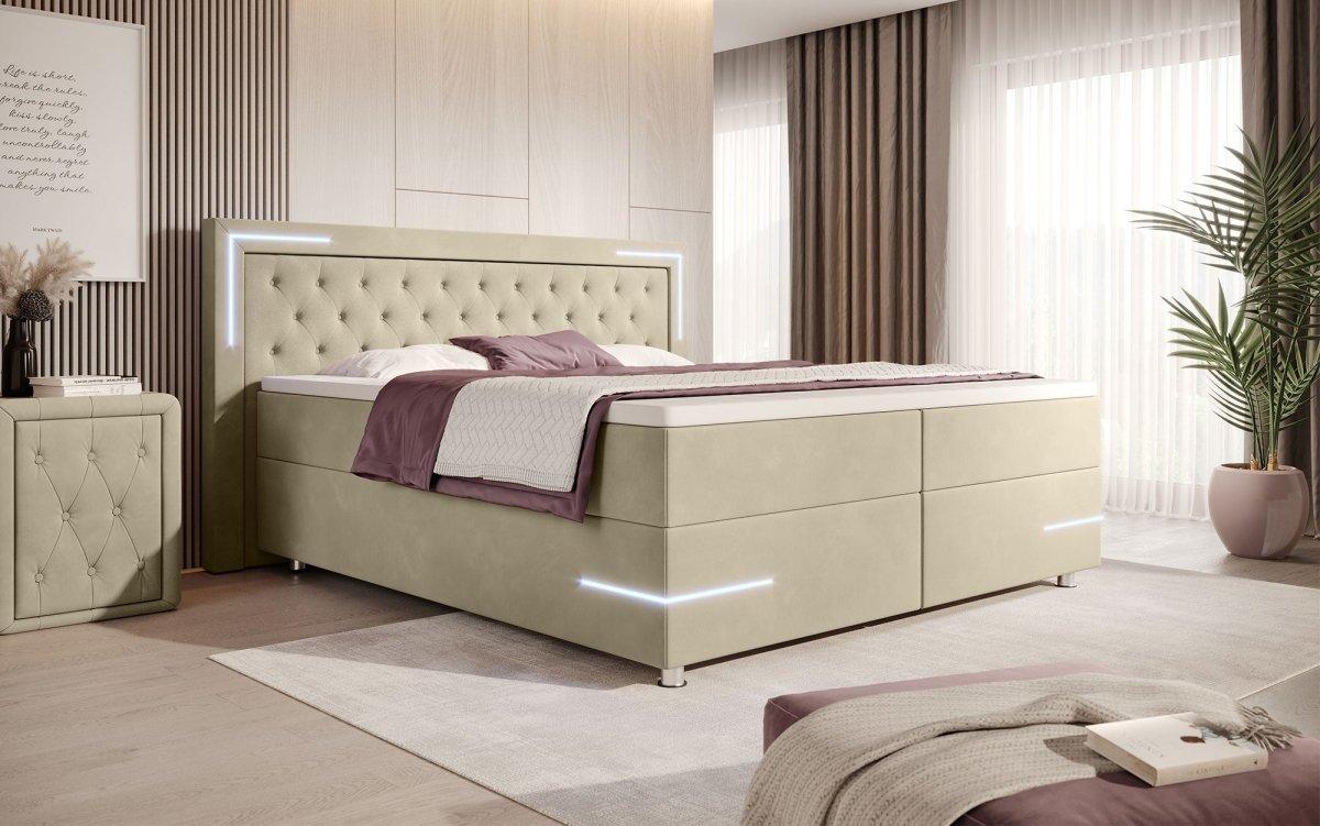 Carlotta Boxspringbett: Luxuriöses Samtbett mit LED, Stauraum und USB-Anschluss