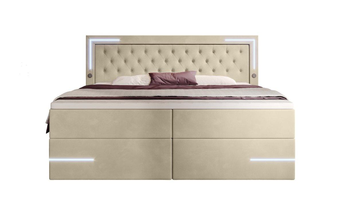 Carlotta Boxspringbett: Luxuriöses Samtbett mit LED, Stauraum und USB-Anschluss