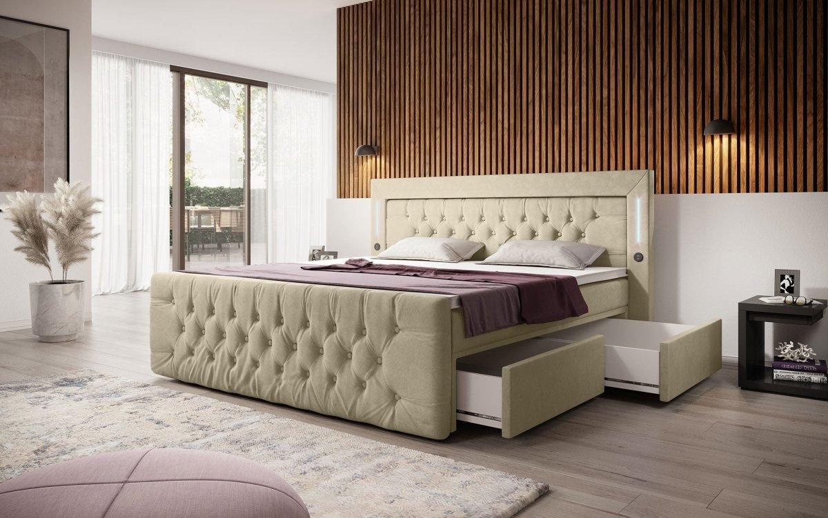 Luxuriöses Boxspringbett Charme mit LED, USB, Stauraum, Komfort Matratze