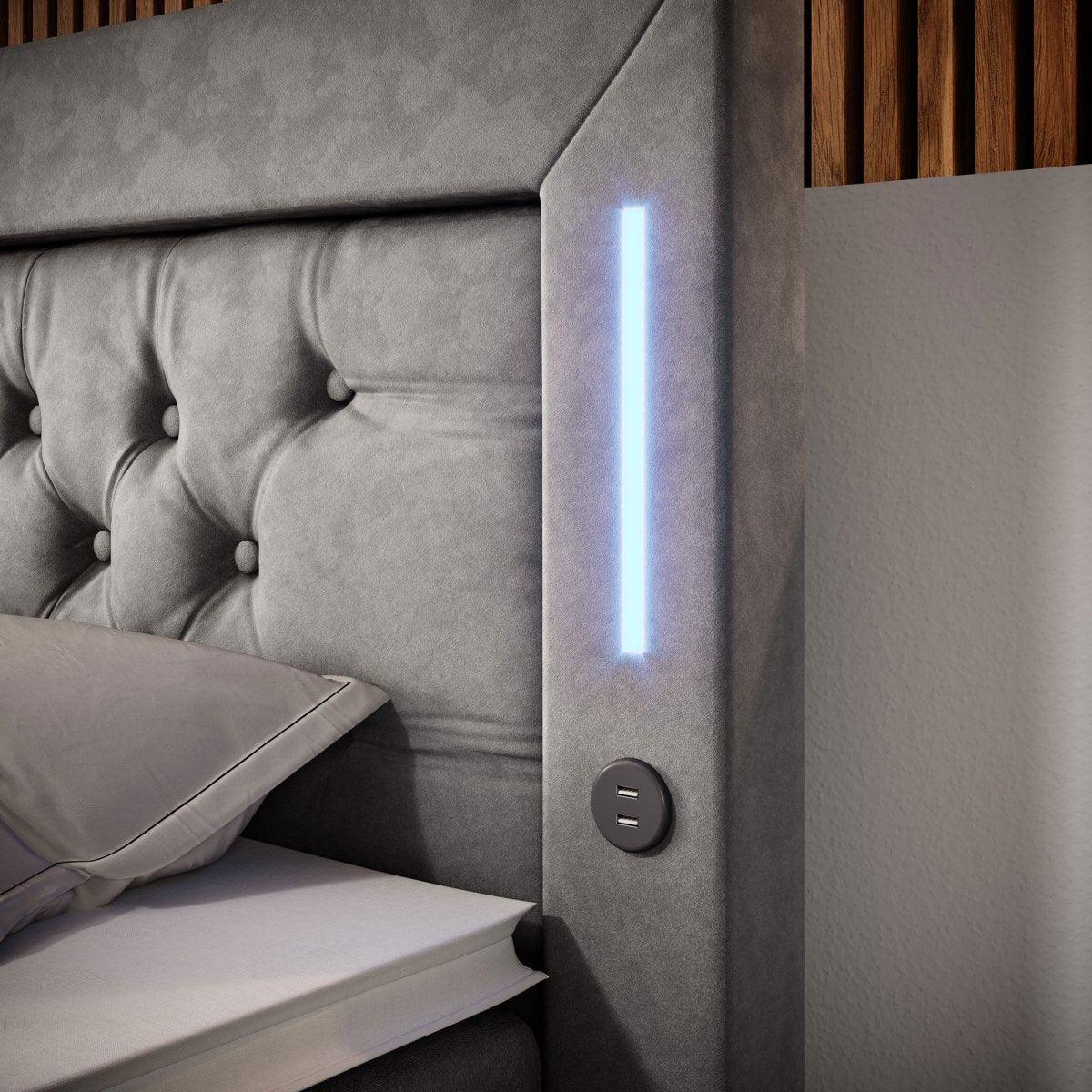 Luxuriöses Boxspringbett Charme mit LED, USB, Stauraum, Komfort Matratze