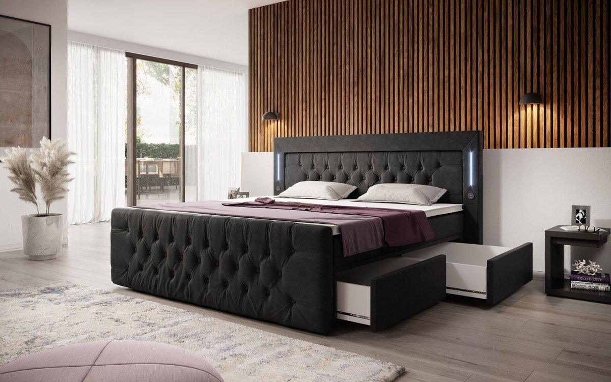 Luxuriöses Boxspringbett Charme mit LED, USB, Stauraum, Komfort Matratze