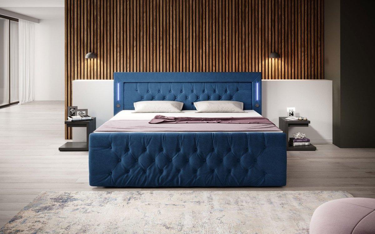 Luxuriöses Boxspringbett Charme mit LED, USB, Stauraum, Komfort Matratze