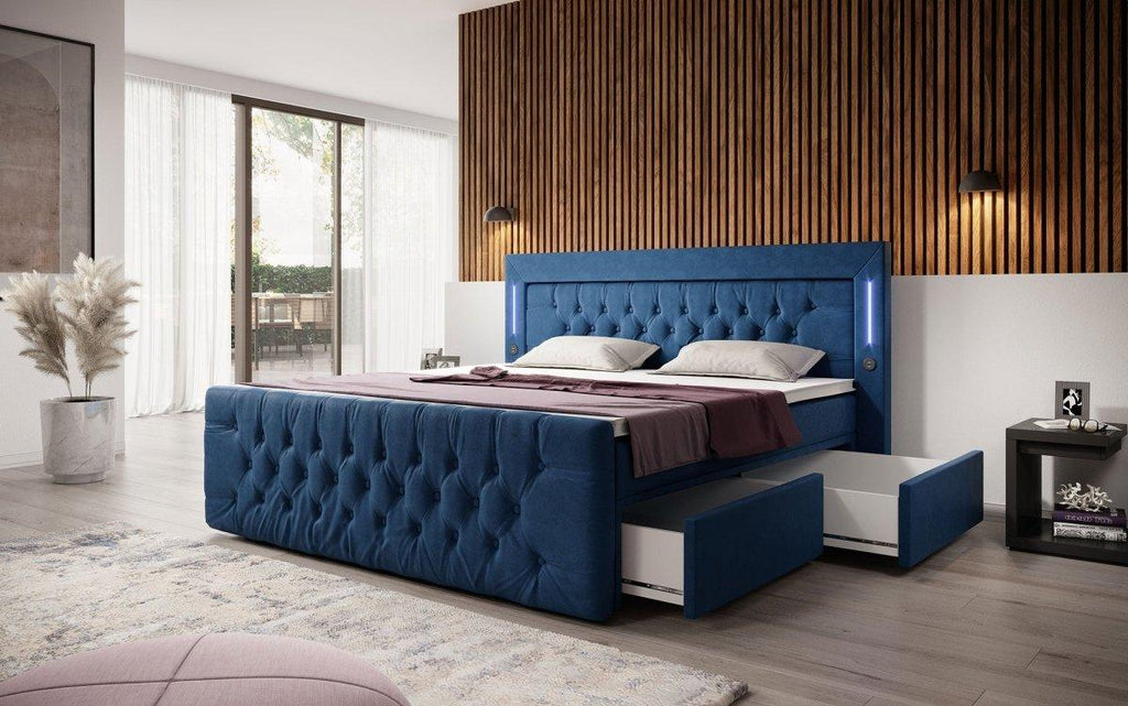 Luxuriöses Boxspringbett Charme mit LED, USB, Stauraum, Komfort Matratze