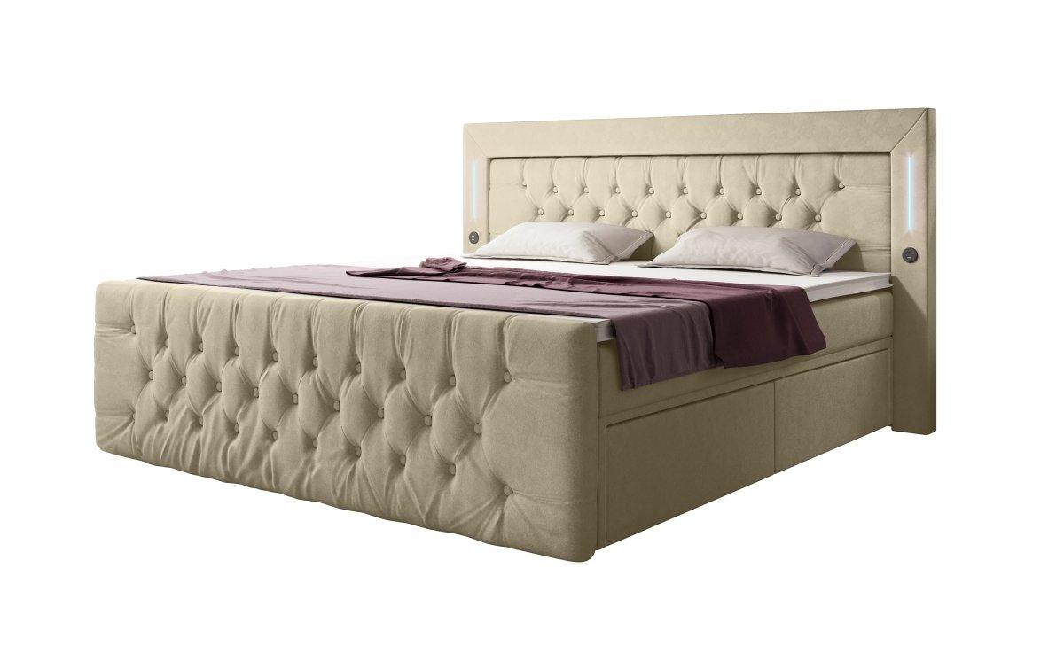 Luxuriöses Boxspringbett Charme mit LED, USB, Stauraum, Komfort Matratze