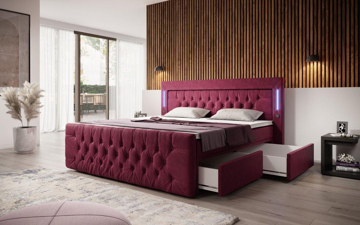 Luxuriöses Boxspringbett Charme mit LED, USB, Stauraum, Komfort Matratze