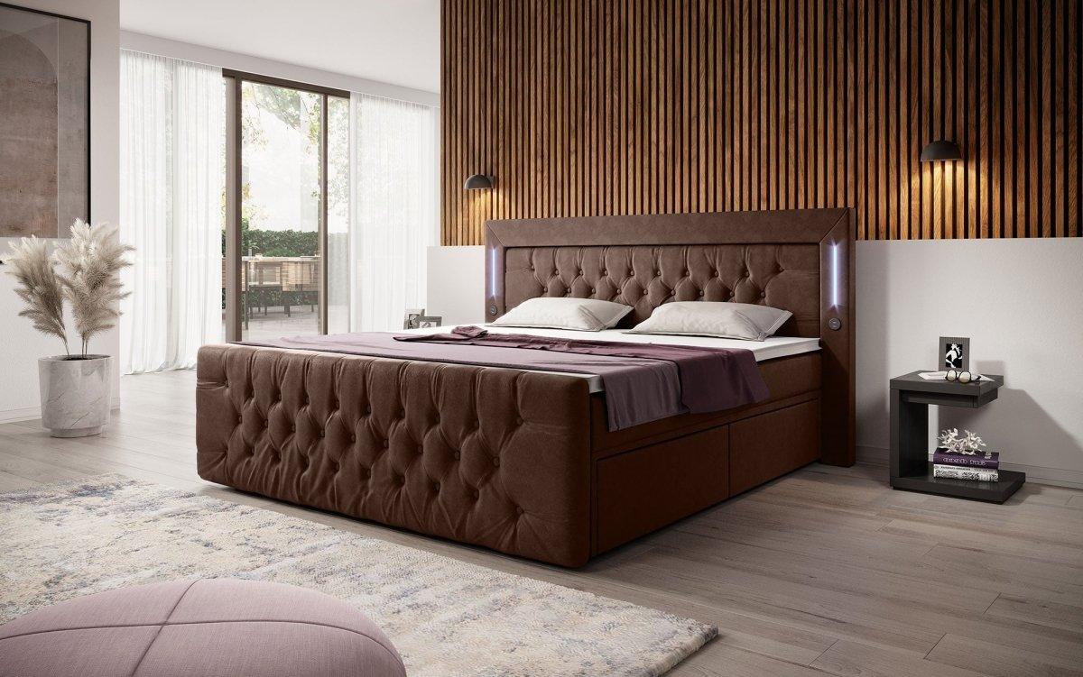 Luxuriöses Boxspringbett Charme mit LED, USB, Stauraum, Komfort Matratze