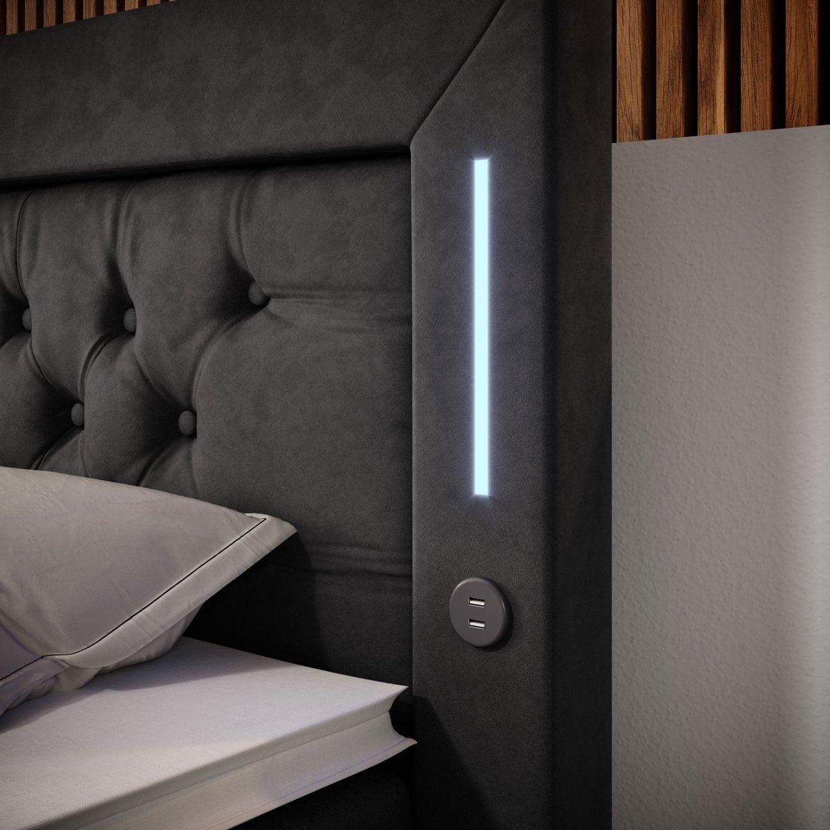 Luxuriöses Boxspringbett Charme mit LED, USB, Stauraum, Komfort Matratze