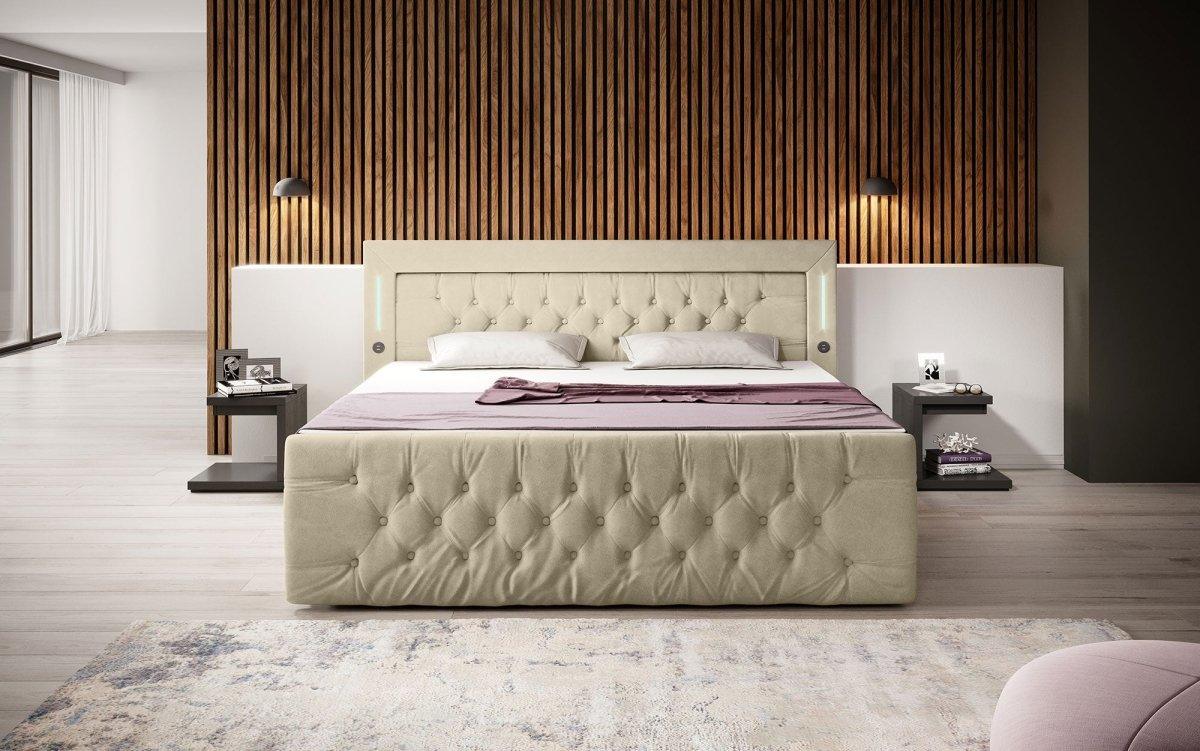 Luxuriöses Boxspringbett Charme mit LED, USB, Stauraum, Komfort Matratze