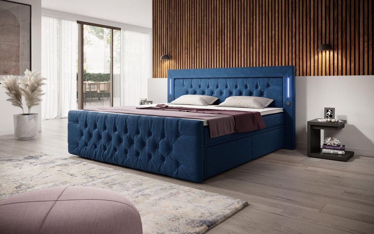 Luxuriöses Boxspringbett Charme mit LED, USB, Stauraum, Komfort Matratze
