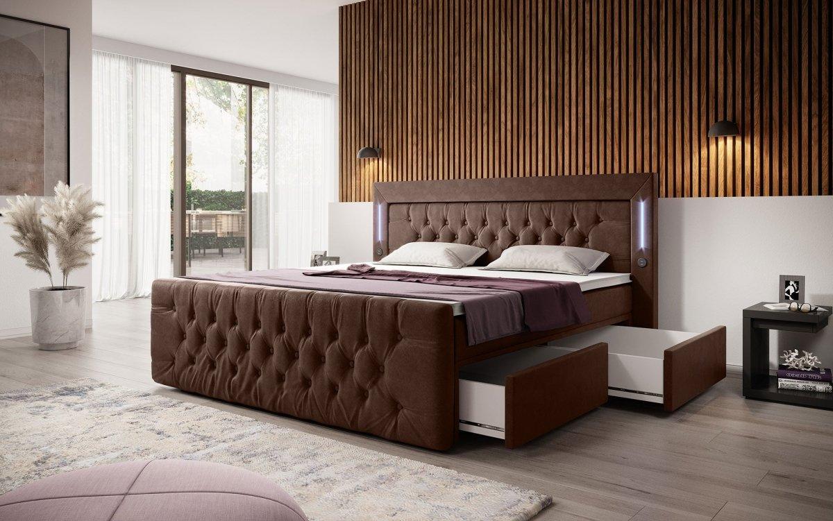 Luxuriöses Boxspringbett Charme mit LED, USB, Stauraum, Komfort Matratze