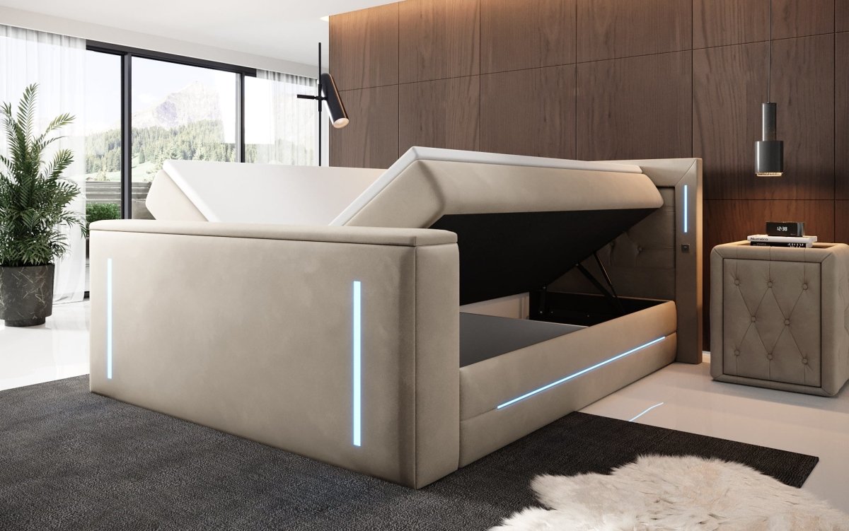 Divalo Luxus Boxspringbett mit integriertem TV-Lift und cleverem Stauraum