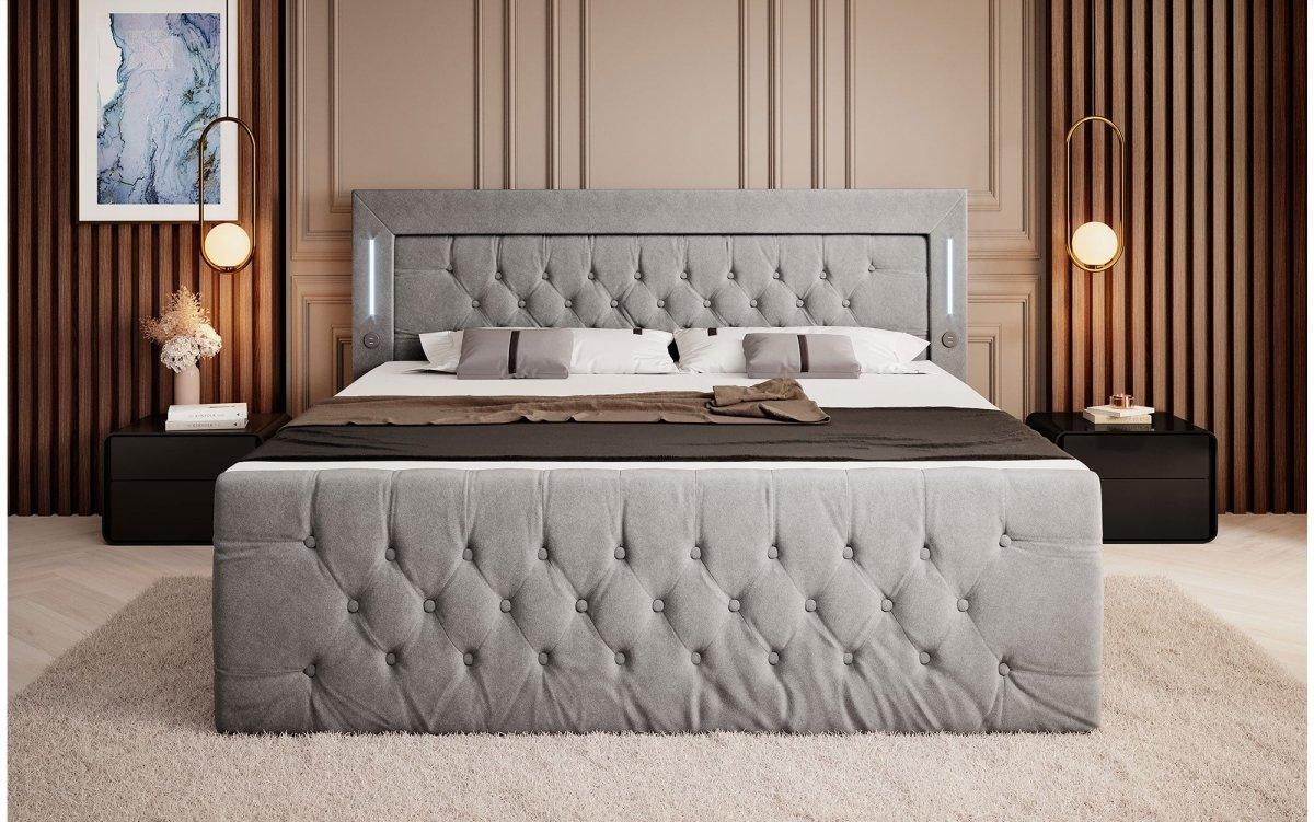 Elegantes Boxspringbett mit LED-Beleuchtung, USB-Anschluss und praktischem Stauraum