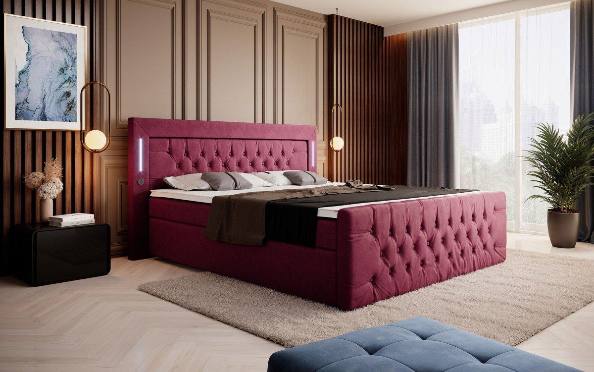 Elegantes Boxspringbett mit LED-Beleuchtung, USB-Anschluss und praktischem Stauraum