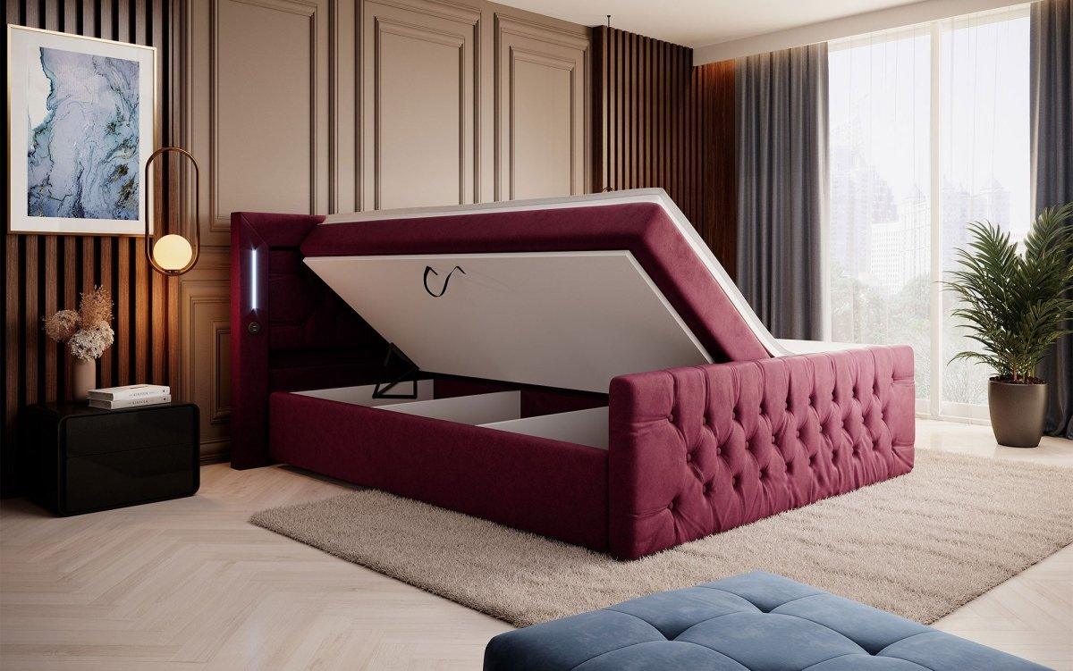 Elegantes Boxspringbett mit LED-Beleuchtung, USB-Anschluss und praktischem Stauraum
