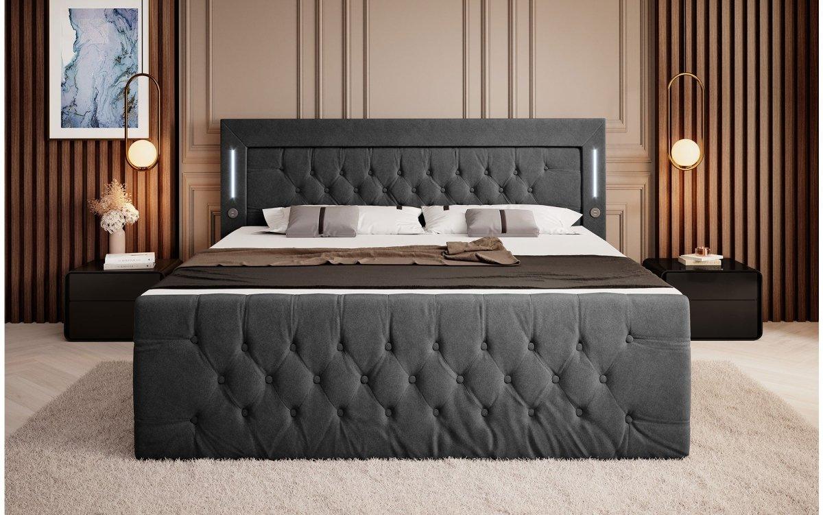 Elegantes Boxspringbett mit LED-Beleuchtung, USB-Anschluss und praktischem Stauraum