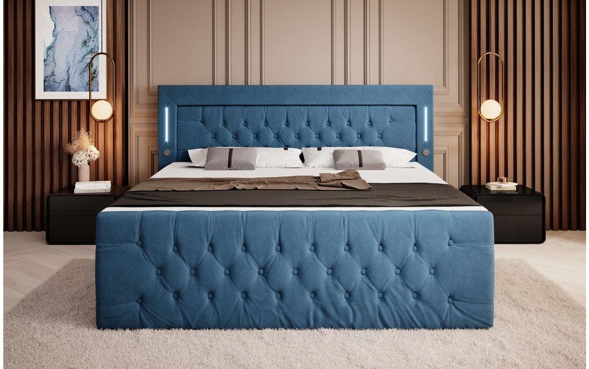 Elegantes Boxspringbett mit LED-Beleuchtung, USB-Anschluss und praktischem Stauraum